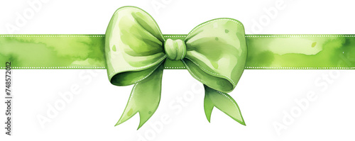 Watercolor background banner of green ribbon and bow isolated on a white background as transparent PNG