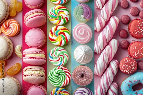 A variety of colorful pastries on a pink surface, perfect for bakery or dessert concepts