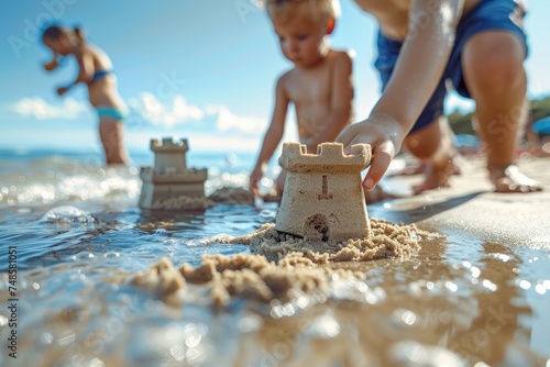 A child's hand building a sandcastle. Family beach vacation