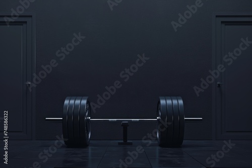A barbell resting on a black floor, ideal for fitness and gym concepts