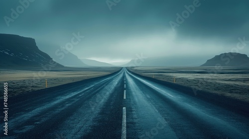 an empty road in the middle of nowhere with a mountain range in the distance and a dark sky in the background.