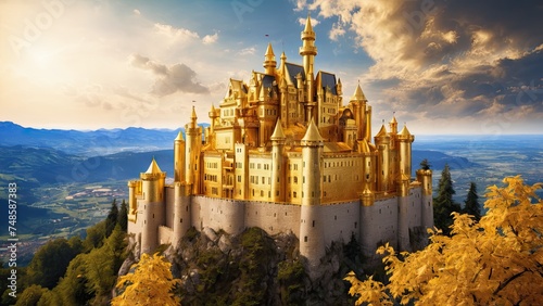 Castle made of gold, fantasy kingdom, wide angle, 3d render