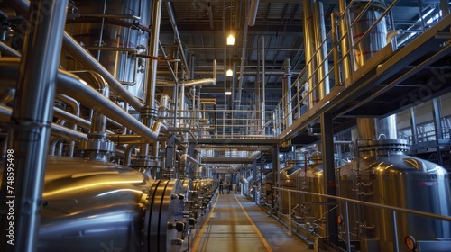 A complex network of pipes and vessels in a chemical plant synthesizes vital materials for various products and medicines.