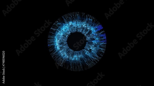 an eye made of blue digital particles, a futuristic pupil or iris made of blue elements, on a black background, cyber tecnology concept