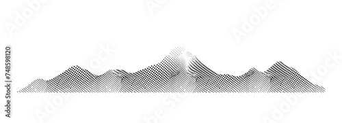 Mountain halftone dot texture vector abstract background. Summit noise grain gradient pattern. Dotwork landscape, half tone rock, grainy terrain. Pointillism design. Art rocky banner, hill collage