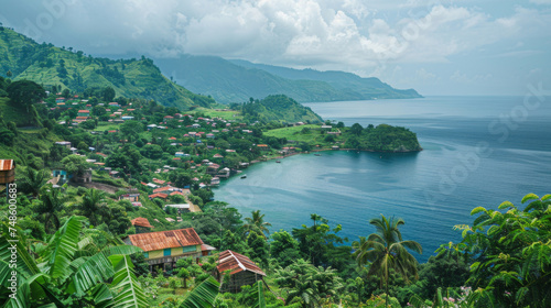 Panoramic view of the village on the coast of the island of Comoros.