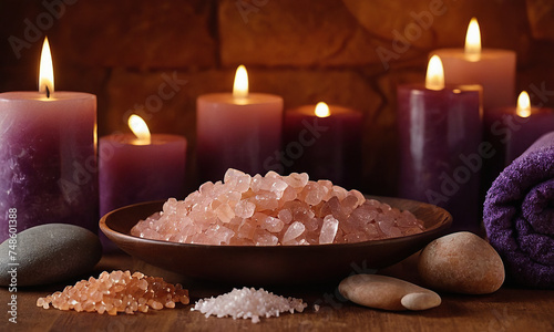 dark purple backgroud for a medical aesthetic spa, himalayan salt, hot stones, candles pricing list