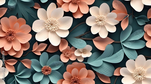3d floral flowers seamless repeat pattern, floral pattern, flower paper art, in the style of light peach and dark teal polish folklore motifs, detailed foliage