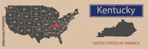 Vector map borders of the USA Kentucky state. State of Kentucky on the map of the United States of America.