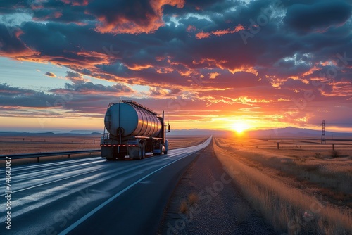 A tanker truck speeds along the highway with a vibrant sunset in the background, highlighting transport and energy industries. generative ai