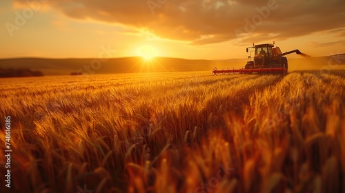 An agricultural tractor cultivates the land. Harvester on a wheat field. A combine harvester working in a large field against the backdrop of sunset.