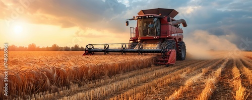 An agricultural tractor cultivates the land. Harvester on a wheat field. Industry, harvesting, rural business.