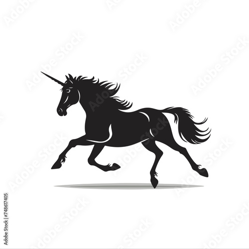 Isolated black silhouette of running trotting unicorn