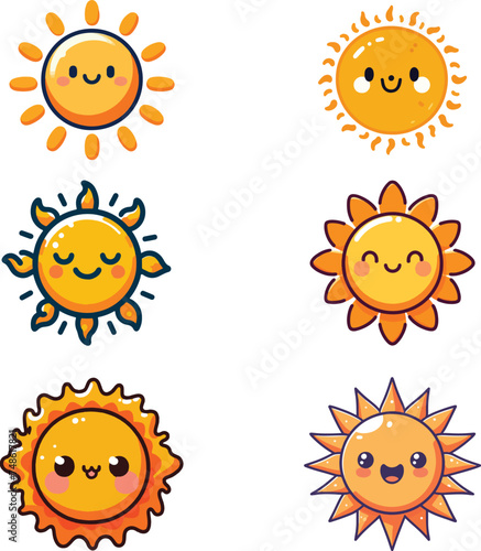 set collection cute emoticon sun vector