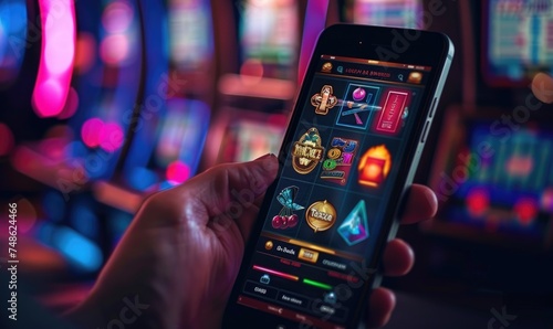 A gamer holding a mobile phone with online casino app interface, neon glowing