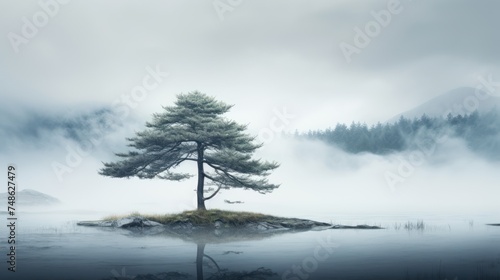 a lone pine tree sitting on a small island middle of a body of water with mountains background.