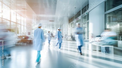 Doctors and nurses walking in hospital with blurred motion.