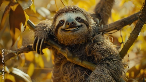 Funny Smiling Sloth on a branch 