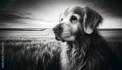 black and white portrait of a dog in a field.