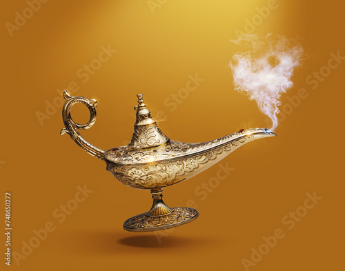 Golden magic lamp on gold background