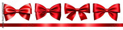 Set of insulated red satin bows and ribbon for decorating gifts on a transparent background