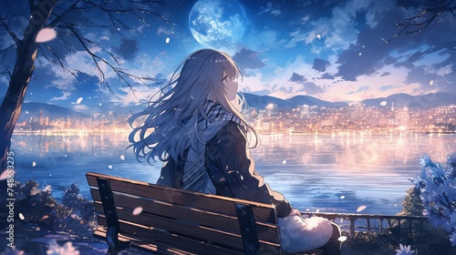 Cute anime girl admiring the moonlit night by the lake in a Japanese city with cherry blossoms