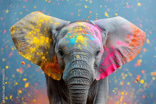 Elephant Happy Holi colorful, festival of colors, powder explosion background