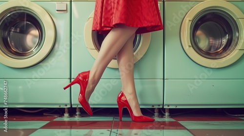 Quirky scene with red high heels peeking from under a bright red skirt at a retro laundromat. An amusing concept for fashion or lifestyle campaigns, with a whimsical touch