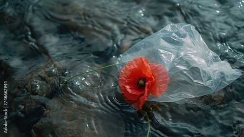 A bright poppy floats on water, wrapped in plastic, contrasting the ephemeral with the eternal. This image suits environmental and philosophical themes, ideal for articles, educational content