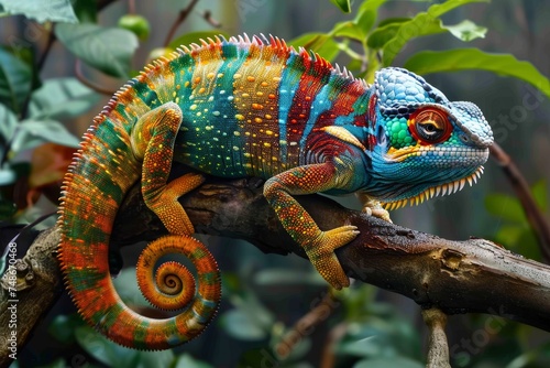 A vividly colored chameleon clings to a branch, its skin a dazzling array of colors, from radiant blues to fiery oranges.