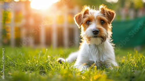 Wire Fox Terriers are playful and energetic dogs who love to run around in the garden on the green grass.