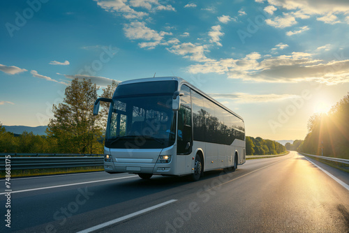 Grey Intercity bus on highway against the backdrop of a sunset