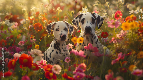 Cinematic photograph of dalmatian dog and baby in a field full of colorful blooming flowers. Mother's Day.