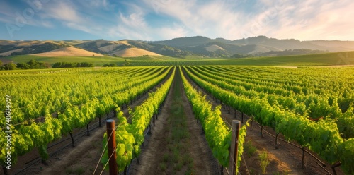 Explore the picturesque charm of a vineyard, with rows of grapevines extending across the landscape, creating an idyllic scene of rural serenity.