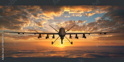 Military drone flying in the sky sunset
