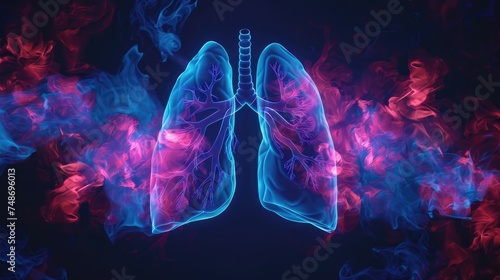 Human lungs with a smoke effect in blue and pink hues.