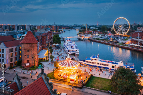Aerial landscape of the Granaries island by the Motlawa river in Gdansk, Poland.