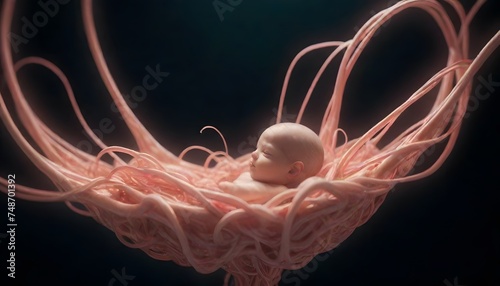 A serene fetus is gently embraced by the loops of its lifeline, the umbilical cord. This image is a symbolic portrayal of the nurturing link between mother and child. AI generation