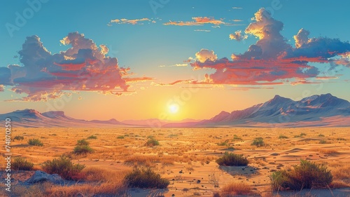 Panoramic desert landscape at sunset - A breathtaking panoramic view of a desert landscape illuminated by a dramatic sunset sky