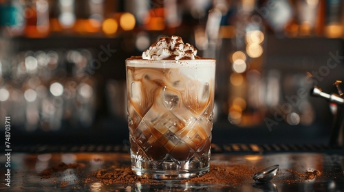 delicious rattlesnake cocktail with coffee and cocoa liquor, irish cream, ground coffee and ice in glass, served on dark bar counter background with essential bar tools and bottles