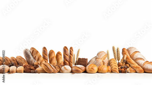 Panorama of fresh bread baguette products isolated on white background