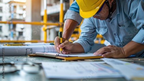 businessmen and engineers collaborating on planning budgets for construction projects, analyzing company financial statements, and managing global construction project costs for enhanced efficiency