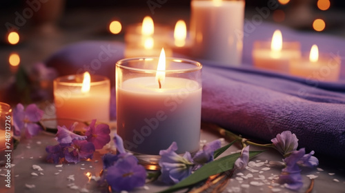 A table with candles and flowers, the candles are lit and the flowers are purple