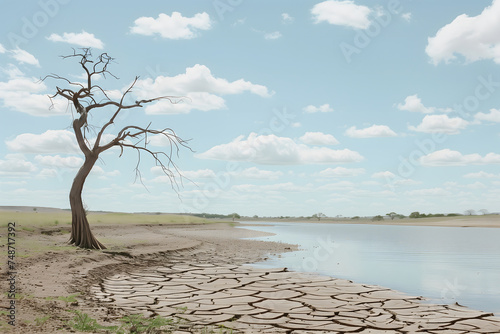 Barren tree and cracked soil on the edge of a serene lake under a cloudy sky. Climate changes. Environmental problems. Greenhouse effect concept