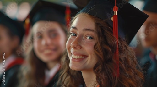 happy cute brunette caucasian grad girl is smiling, blurred classmates are behind, she is in a black mortarboard with red tassel, in gown, with nice brown curly hair, diploma in hand