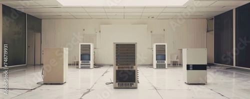 Old mainframe units in a pristine white minimalist setting a dialogue between eras