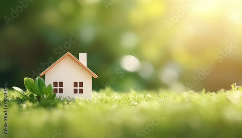 A miniature house and a plot for a mortgage on the grass , Environmental eco safe Conservation