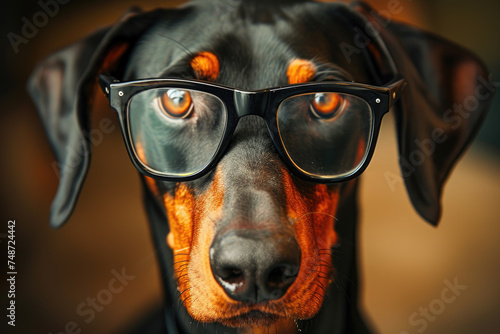 doberman dog pretending to be a circus actor by wearing eyeglasses and looking at the camera.
