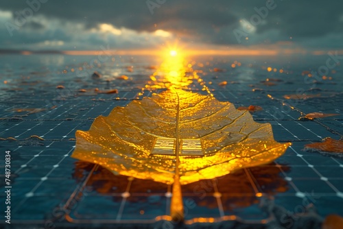 Golden Leaf on Wet Tiles at Sunset - Nature Meets Urban, Reflective Surface Illuminated by Warm Sunligh