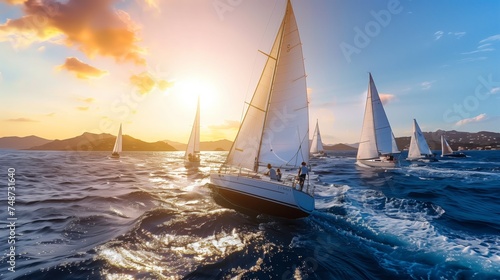 Fleet of sailboats racing on the ocean waves at sunset, with golden light.